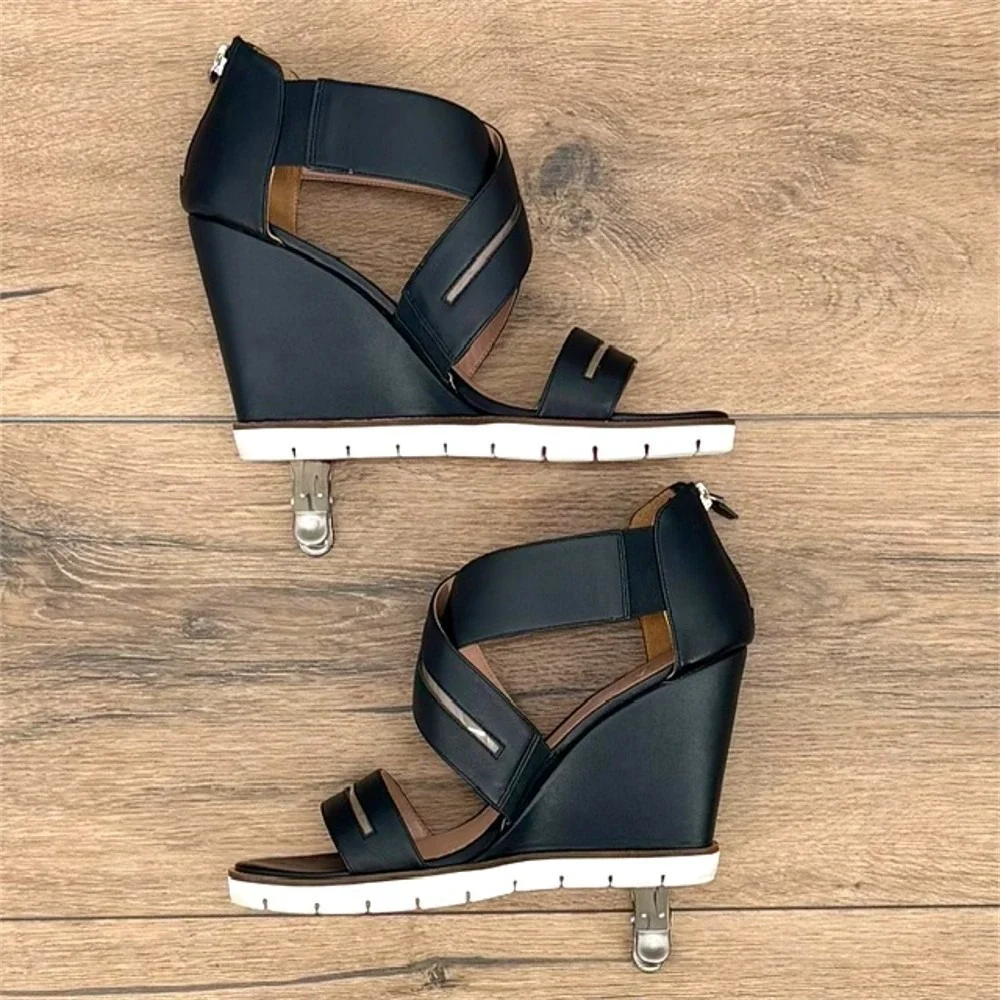 Linea Paolo Women's Size 10 Black Leather Wedge Sandals Strappy‎ Zip Comfort